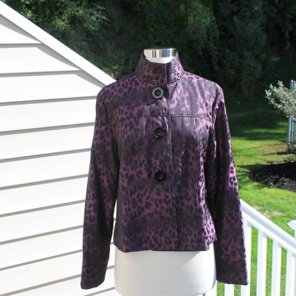 600 West Women's Purple & Black Animal Leopard Print Jacket Button Up Size 8 - Picture 6 of 14